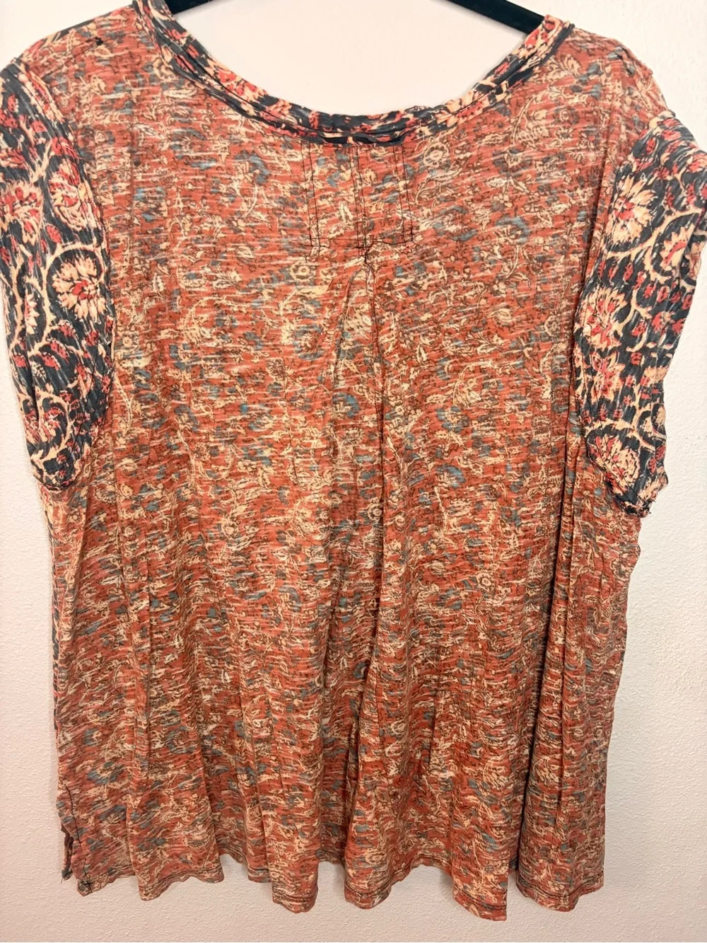 Free People Boho Floral Short Sleeve Top in Rust, Cream, and Gray-132